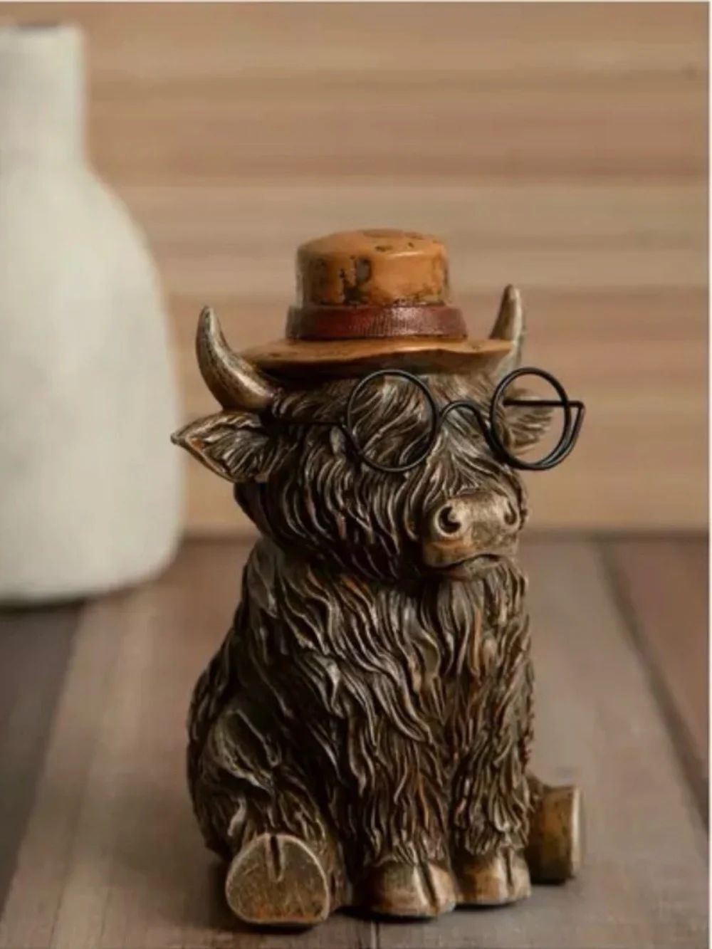 Decorative Brown Highland Cow Figurine with Hat and Glasses - Home Dining Accent